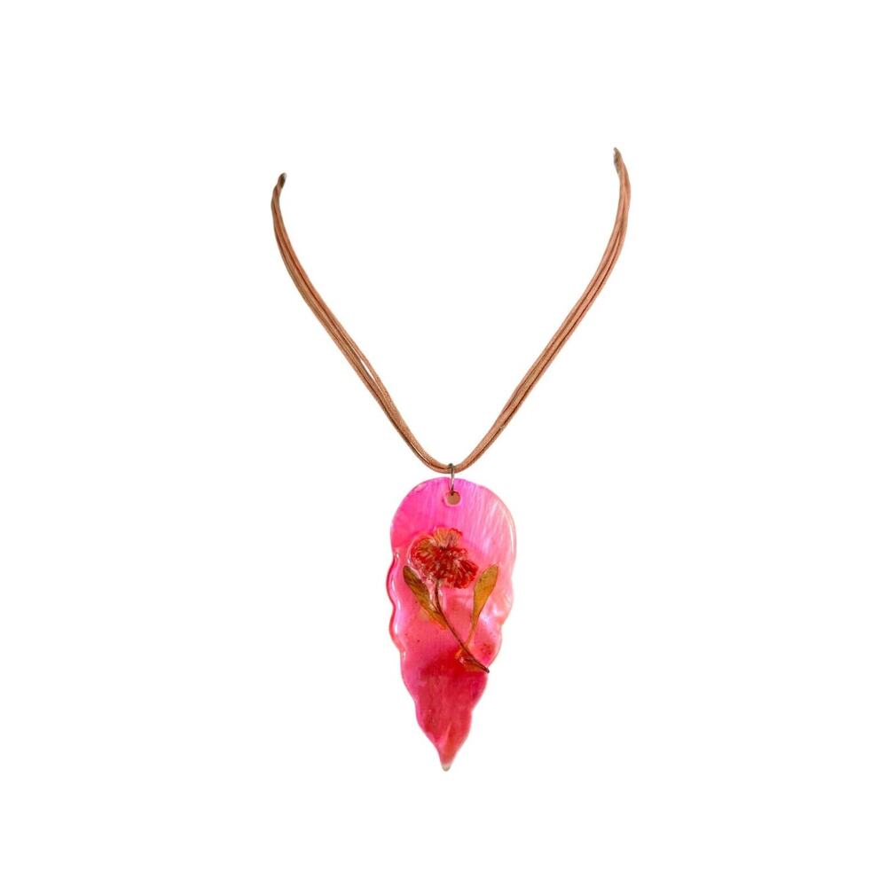 Neon Pink One Of A Kind Resin Flower Pearl Abalone Shell Cord Artisan Necklace